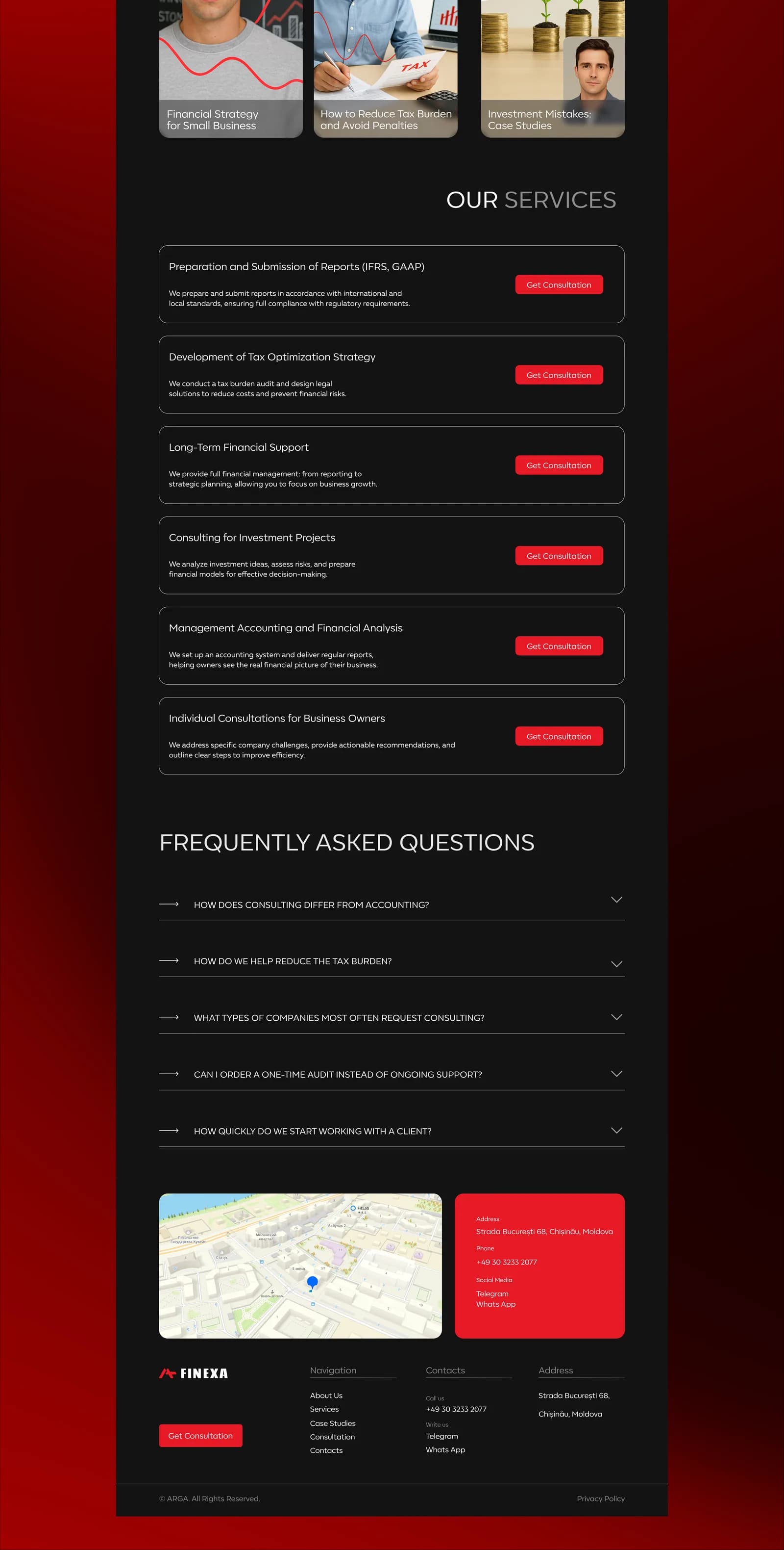 FAQ и контактный блок лендинга FINEXA